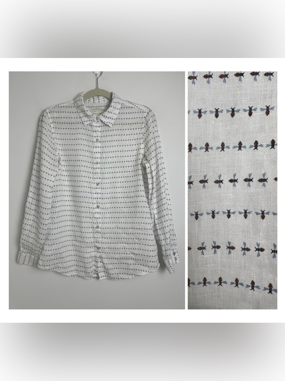 Cynthia Rowley Small White Bumble Bee Novelty Print 100% Linen Blouse Top